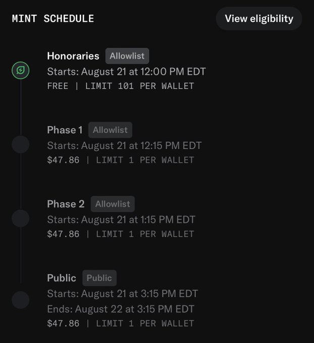 The image shows a NFT mint schedule with four phases: Honoraries (free, limit 101 per wallet starting August 21 at 12:00 PM EDT), Phase 1 and Phase 2 allowlist mints ($47.86, limit 1 per wallet starting at 12:15 PM and 1:15 PM EDT respectively), and a Public mint ($47.86, limit 1 per wallet) running from August 21 at 3:15 PM EDT to August 22 at 3:15 PM EDT. The schedule aligns with the post detailing "The Rekt Tradooor" NFT mint phases and timing, including the full public mint window that was cut off in the text.