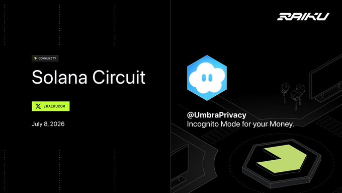 A Solana Circuit community post by /RAIKU dated July 8, 2026, alongside a graphic for @UmbraPrivacy reading 'Incognito Mode for your Money.'