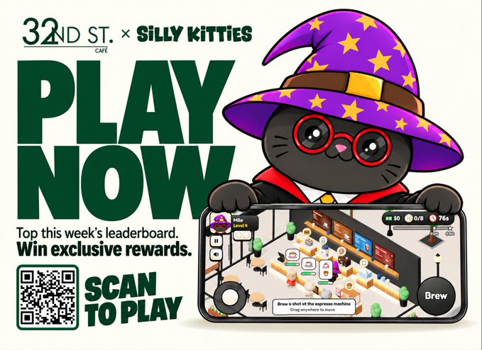 A promotional ad for 32nd St. Cafe x Silly Kitties featuring a wizard-hat-wearing black cat mascot encouraging users to "PLAY NOW" and "Top this week's leaderboard" to "Win exclusive rewards," with a QR code to scan and a phone screenshot previewing the in-game coffee shop where you "Draw a shot at the espresso machine," aligning with the announcement of Silly Kitties' cozy coffee shop game expansion.