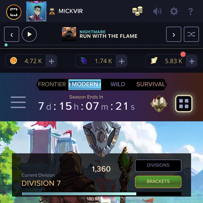 A mobile game interface showing a player profile named 'MICKVIR' playing 'NIGHTMARE - RUN WITH THE FLAME' with resources (4.72K coins, 1.74K gems, 5.83K scrolls), currently in Division 7 with a score of 1,360, and 7 days 15 hours remaining in the MODERN season.