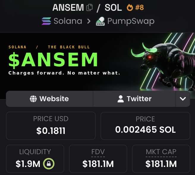 A crypto token page displays "$ANSEM" on Solana, priced at $0.1811 USD (0.002465 SOL) with a market cap of $181.1M and liquidity of $1.9M. The image aligns with the bullish post encouraging profit rotation into ANSEM, with its tagline "Charges forward. No matter what." reinforcing the call to invest ahead of a projected $500M milestone.