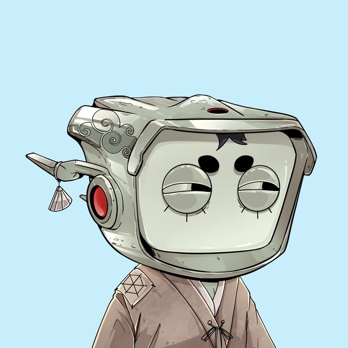A cartoon-style illustration of a character wearing a large, boxy, gray helmet with a red eye and intricate details, dressed in a traditional robe.