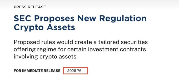 A press release header reads "SEC Proposes New Regulation Crypto Assets," stating that proposed rules would create a tailored securities offering regime for certain investment contracts involving crypto assets. The release is dated "2026-76" and marked "FOR IMMEDIATE RELEASE," aligning with the post's announcement of the SEC's new crypto regulations.