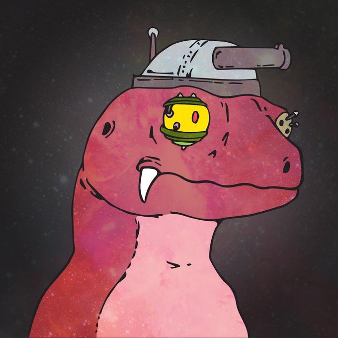 A cartoonish pink creature with a yellow eye, a single fang, and a small grey hat, set against a starry cosmic background.