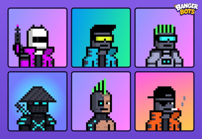 A grid of six pixel art character portraits from 'Banger Bots,' showing various futuristic figures with different hairstyles, visors, and outfits on gradient backgrounds.