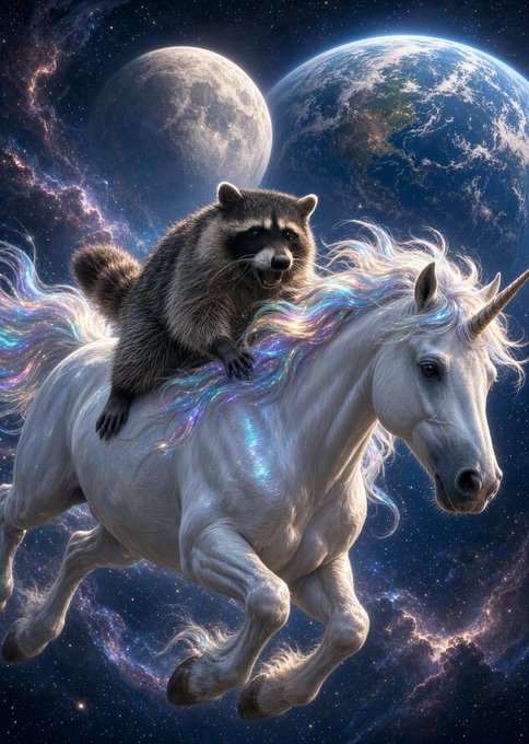 A fantasy digital illustration of a raccoon riding a galloping white unicorn with a rainbow mane through a starry space with planets.