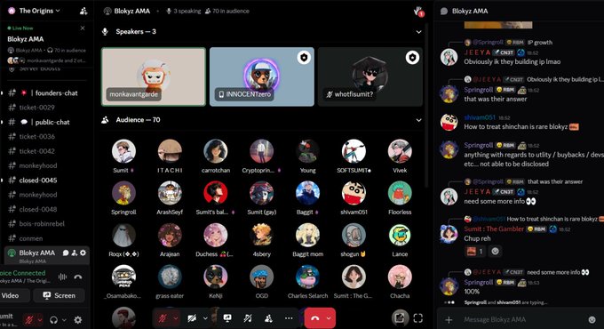 A livestream interface labeled 'Blokyz AMA' shows speakers, an audience section with user avatars, and a chat panel on the right discussing topics like building and treating shinchan as a bloky.