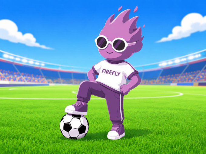 The image features a cartoon character, likely a soccer player or athlete, standing on a field with a soccer ball at their feet. The character appears to be wearing sunglasses and a white t-shirt that says "Firefly". In the background, there is an empty stadium filled with spectators, suggesting that this scene takes place during a game or event. The post also includes text about a charity event for children in need of eyeglasses.