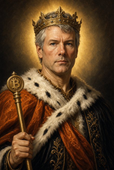 A digital portrait of a regal, older man wearing a golden crown and an ermine-trimmed robe, holding a golden scepter topped with a Bitcoin symbol.