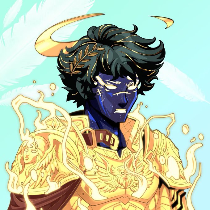 A digital illustration of a dark-skinned figure with glowing eyes, dark wavy hair adorned with a laurel wreath and a golden halo, wearing ornate golden armor with angel motifs surrounded by flowing golden flames.