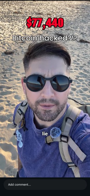 A man with sunglasses and a backpack on a sandy beach, with overlaid text reading '$77,440 Bitcoin hacked?!?' and a 'lie' subtitle.