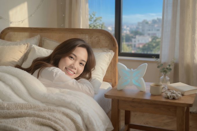 A young woman with brown hair smiles while lying in bed under a cozy blanket, with a glowing butterfly-shaped lamp on a wooden bedside table next to a window showing a cityscape.