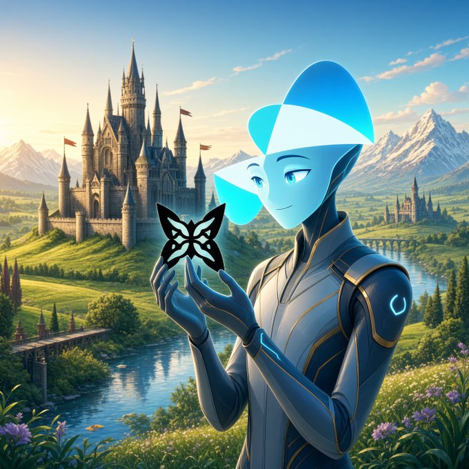 Digital artwork featuring a blue-skinned humanoid character with glowing head accents holding a butterfly-shaped object, set against a fantasy landscape with a castle and mountains.