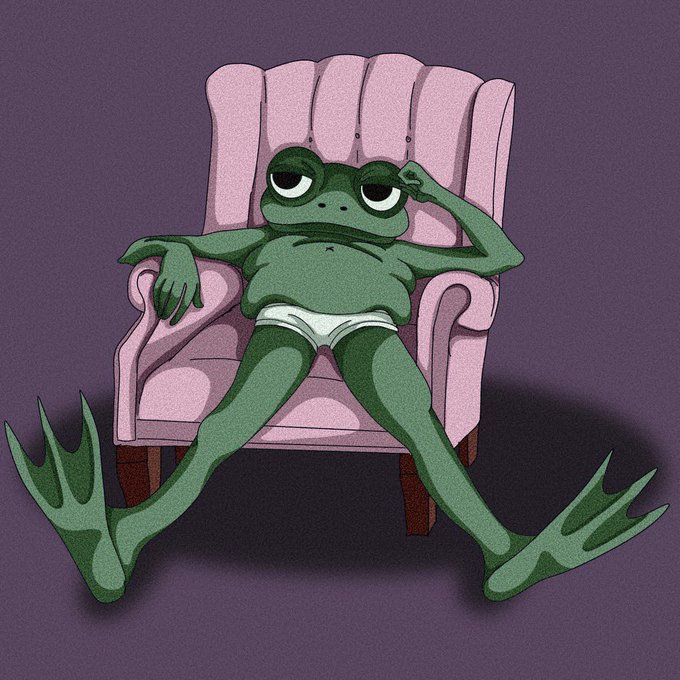 The image features a cartoon frog sitting on an armchair with its legs crossed. The frog has a pair of white underwear visible under its green skin. The background color of the image is purple, which complements the frog's green skin tone. There are no texts or other objects in the image, and the frog appears to be in a relaxed position, possibly thinking about something.