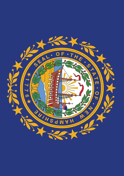 The image shows the official Seal of the State of New Hampshire, established in 1776, featuring the state's frigate Raleigh on a rising sun with a granite boulder, encircled by laurel branches and stars on a blue background. The seal directly relates to the post as it represents New Hampshire's state government, which is considering authorizing up to $100 million in bonds for Bitcoin acquisition.