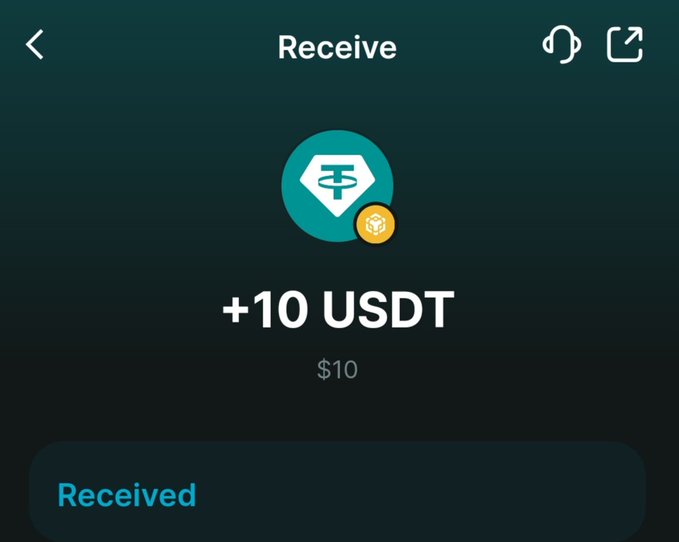 A cryptocurrency wallet app screen showing a successful 'Receive' transaction of '+10 USDT' ($10) with a 'Received' confirmation button at the bottom.