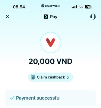 The image shows a payment screen with a red circle containing a VND symbol, indicating that the user has successfully made a payment of 20,000 VND. The screen also displays a claim cashback button, which allows users to receive their payment back as a cashback reward for making the purchase.