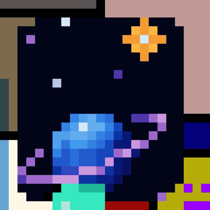 A pixel art composition depicting a blue planet with rings, an orange star, and colorful rectangular blocks against a dark background.