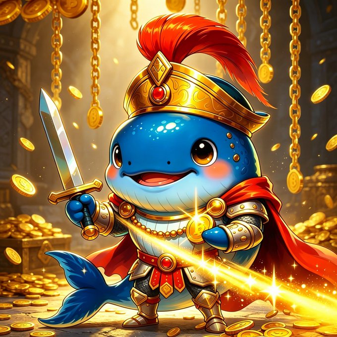 The image features a cartoon character dressed as a whale, holding a sword and standing next to a pile of gold coins. The character appears to be wearing a crown and a cape, giving them an air of royalty or power. The background includes chains hanging from the ceiling, adding to the overall theme of a grand and mysterious setting. The image is related to the post because it showcases a cartoon illustration of a whale-like creature with a sword in its hand, which could be interpreted as a representation of a powerful and majestic being. This character might be associated with the Whale Knight Butterfly Platform Fair Launch Total Supply or Whalefunio, where they are known for their unique abilities to control the flow of coins using their sword. The image also mentions that there is a platform called "Whale Equivalent to a Permanent Mining Machine" and that it has been valued at 1 Billion tokens, which further emphasizes its significance in the context of the post.