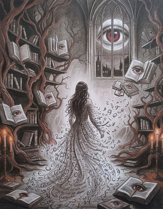 A woman stands in a gothic library where her gown dissolves into flowing script, facing a gothic window whose eye gazes down upon her as books with watching eyes flutter open around her. The ethereal artwork by @imsaharsbz, shared in celebration of #TezosFriendshipDay, captures a haunting moment of literary magic and surreal observation.