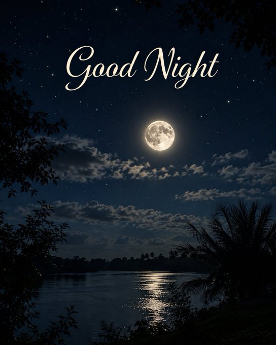A nighttime scene featuring a full moon over water with the text 'Good Night' in cursive, framed by dark silhouettes of foliage.