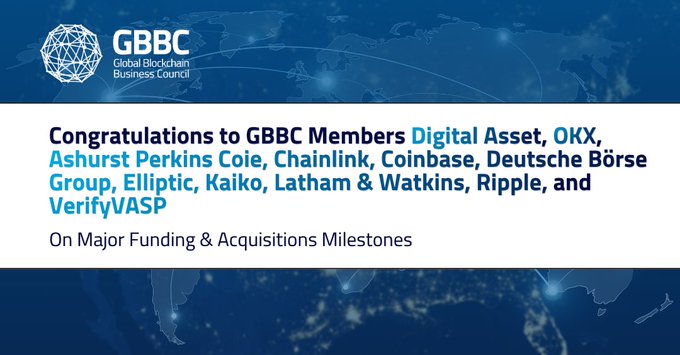 The image is a congratulatory graphic from the Global Blockchain Business Council (GBBC) celebrating its members—Digital Asset, OKX, Ashurst, Perkins Coie, Chainlink, Coinbase, Deutsche Börse Group, Elliptic, Kaiko, Latham & Watkins, Ripple, and VerifyVASP—on major funding and acquisitions milestones, tying to the post's announcement of Digital Asset raising $355M for Canton adoption and OKX receiving strategic investment from Intercontinental Exchange (ICE).