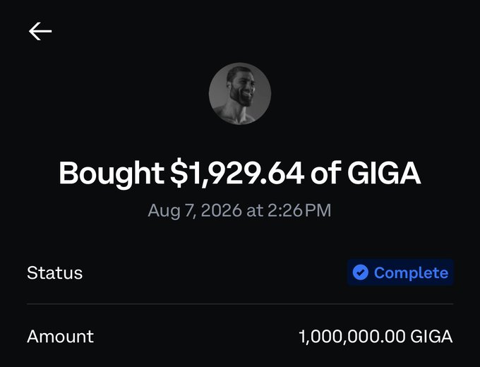 A transaction confirmation screen showing a profile picture of LeBron James with text 'Bought $1,929.64 of GIGA' dated 'Aug 7, 2026 at 2:26PM' for '1,000,000.00 GIGA' with a 'Complete' status.