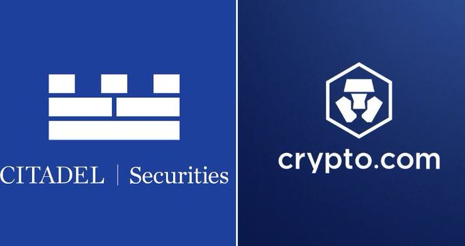 A split graphic shows the Citadel Securities logo on the left and the crypto.com logo on the right, both in white on blue backgrounds.
