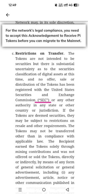 The image shows a Pi Network app notification requiring an acknowledgment before migrating to the Mainnet, alongside a screenshot of terms text warning that Pi Tokens are not securities and were not registered with the SEC. This relates to the post by suggesting the failed CLARITY Act keeps Pi's regulatory status as non-securities intact, which may benefit Pi's mainnet migration plans.