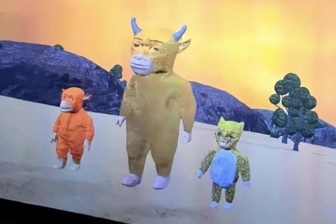 Three mascot characters—a small orange figure, a large tan bull-like figure with blue horns, and a small green spotted creature—stand against a stylized painted backdrop of hills and trees. The image playfully mirrors the post's theme of unimaginable crypto success stories, using the absurd, surreal costumes as a visual metaphor for how projects like WIF, BOME, and ORDI emerged from "nowhere" and defied conventional expectations.
