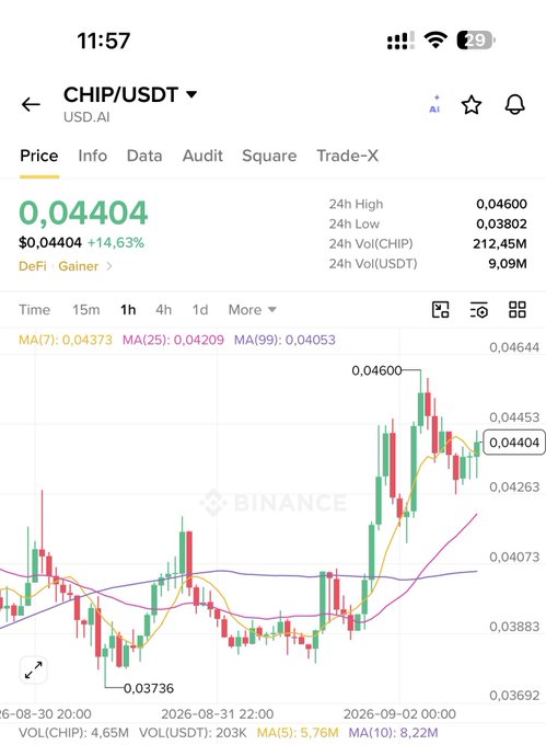 A screenshot from the Binance app showing the 'CHIP/USDT' trading pair (USD.AI) at a price of $0.04404, indicating a +14.63% gain, with a candlestick chart displayed below.