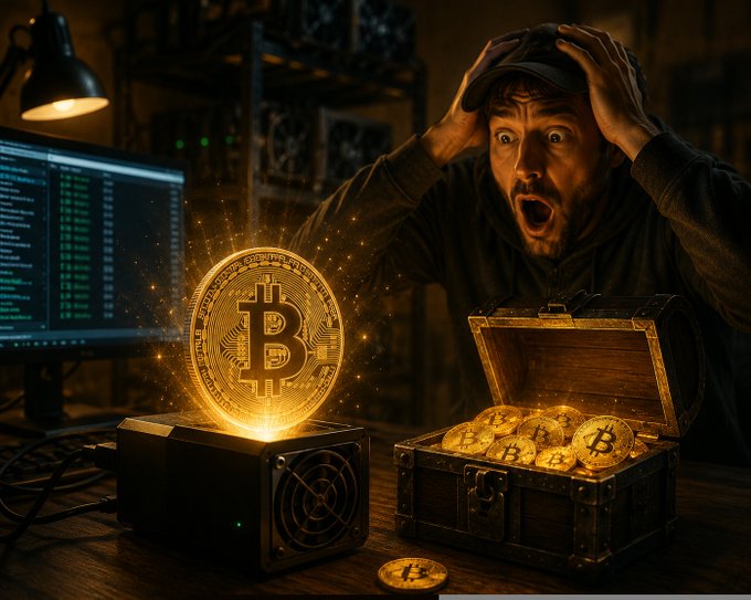 A dramatic scene of a shocked man in a cap staring at a glowing gold Bitcoin emerging from a mining device, next to a treasure chest filled with gold Bitcoin coins in a dimly lit workshop.