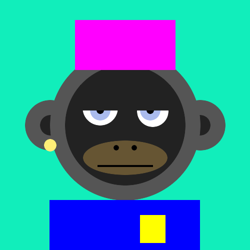 A cartoon-style digital illustration of a dark-faced monkey with a pink rectangular shape on its head, a gold earring, and a blue shirt with a yellow square, set against a bright teal background.