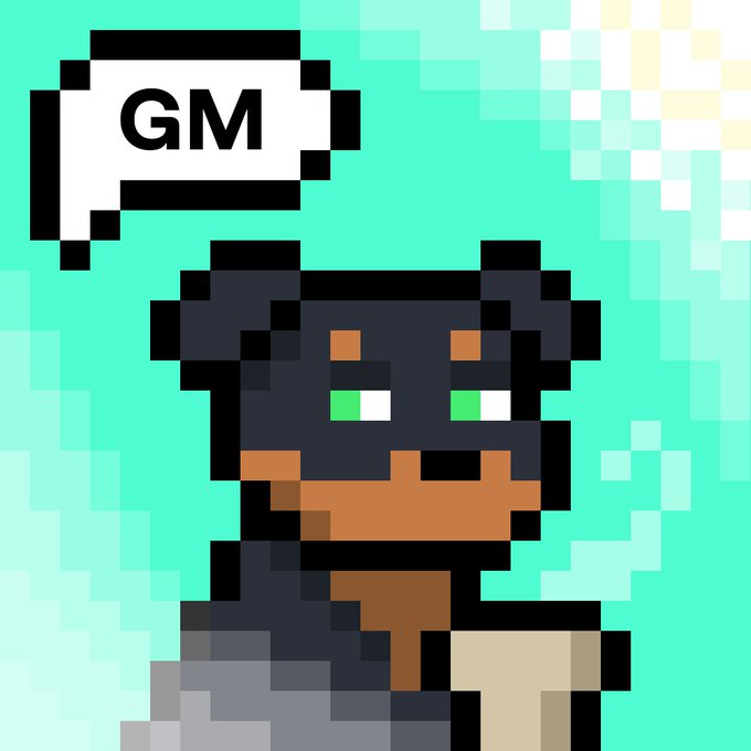 A pixel art image of a black and tan dog character with green eyes, shown in a speech bubble reading 'GM' against a mint green background.
