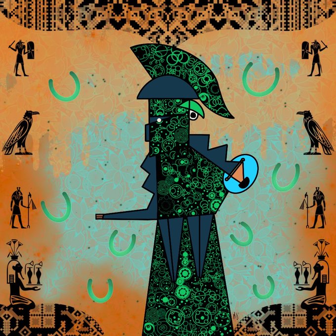 A stylized digital illustration depicts an Egyptian pharaoh figure decorated with green circuit patterns, holding a plunger, set against an orange background with hieroglyphics.