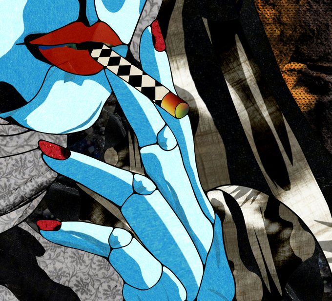A pop-art style illustration of blue-skinned hands with red nail polish holding a checkered flag and a rainbow-colored pill, set against a layered background of black and white patterns.