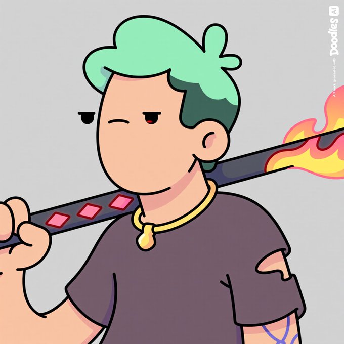 A cartoon illustration of a boy with mint-green hair carrying a flaming guitar over his shoulder, with 'Doodles' branding visible in the corner.