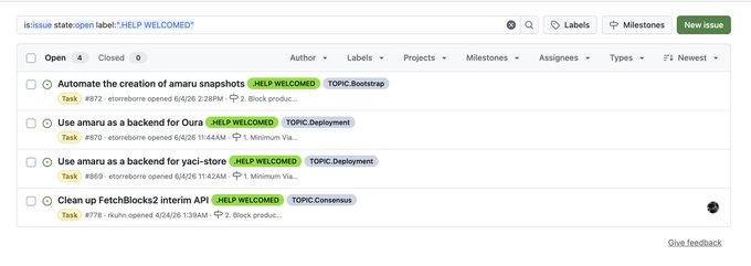 The image shows a screenshot of a computer screen displaying an open webpage titled "@Amaru_Cardano core team has worked hard to organize some tasks that are great places for new people to contribute." The main focus of the screenshot appears to be on the "@Amaru_Cardano" post within the @OpenIssues system. It seems like a discussion or collaboration related to the open-source Cardano project, and it shows users how they can participate by adding their own ideas or suggestions for improvement.
