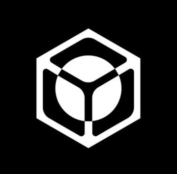 A geometric logo featuring a white hexagonal outline containing a three-dimensional cube design on a black background.