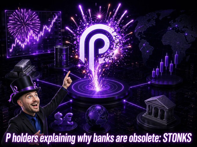 A meme image showing a man in a top hat pointing excitedly at a glowing 'P' logo with fireworks, captioned 'P holders explaining why banks are obsolete: STONKS'.