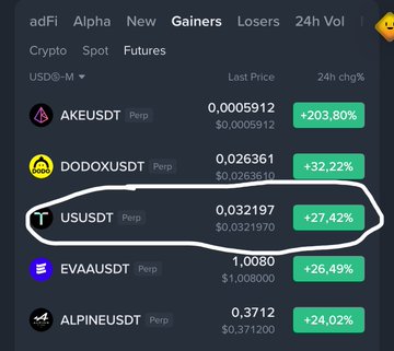 A cryptocurrency trading interface on Binance shows futures gainers, with USUSDT Perp circled at 0.032197, up +27.42%.