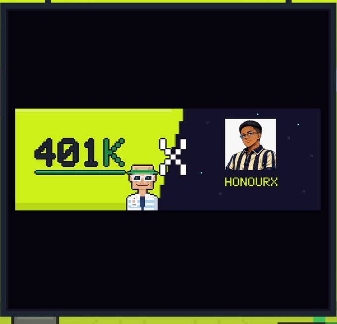 A pixel-art style graphic displays "401K" in bold dark text on a lime green background alongside a character sprite, and features a photo of a person in striped clothing labeled "HONOURX," visually representing the 401K Whitelist Giveaway promotion described in the post.