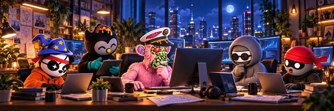 A cartoonish AI-generated illustration depicting various characters (including an elf, Batman-like figure, sailor, and ninja) working on laptops in a tech office at night.