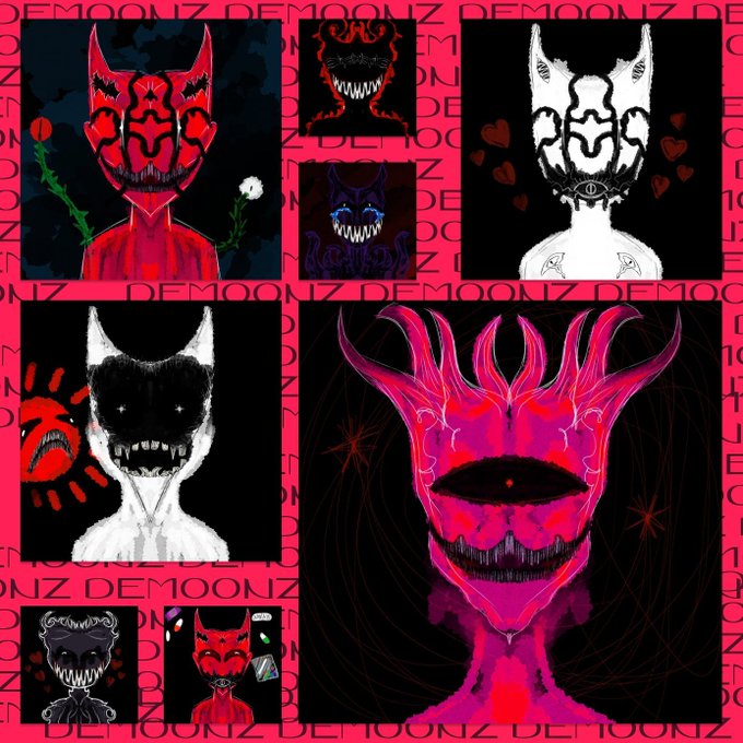 The image shows a collection of digital illustrations, each depicting a woman with a unique and interesting design or face. The colors used are predominantly pink, black, red, and white, creating a visually striking contrast. Among these illustrations, there are various designs such as skulls, monsters, and other strange creatures that add to the overall uniqueness of the piece. There is also text within the image providing additional context or information about each illustration. This collection seems to be focused on exploring themes related to female-themed art, possibly featuring various styles or interpretations by different artists.