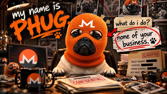 A pug wearing an orange balaclava with an 'M' logo sits at a desk surrounded by papers labeled 'CLASSIFIED' and 'CONFIDENTIAL', with text reading 'my name is PHUG' and speech bubbles asking 'what do i do?' and answering 'none of your business.'