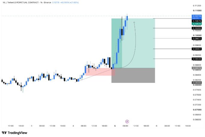 A TradingView candlestick chart for NEAR / TetherUS (NEARUSDT.P) perpetual contract on Binance, showing a 21.65% rally with annotated resistance zones and a green projected price target area.