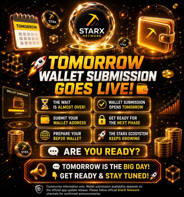 A vibrant orange and black promotional graphic for StarX Network announces "TOMORROW WALLET SUBMISSION GOES LIVE!" featuring icons of wallets, calendars, and rockets alongside STRX branding. Bullet points highlight key messages including "THE WAIT IS ALMOST OVER!", "SUBMIT YOUR WALLET ADDRESS", "PREPARE YOUR BEP20 WALLET", and "ARE YOU READY?", visually reinforcing the post's announcement about wallet submissions opening the next day.
