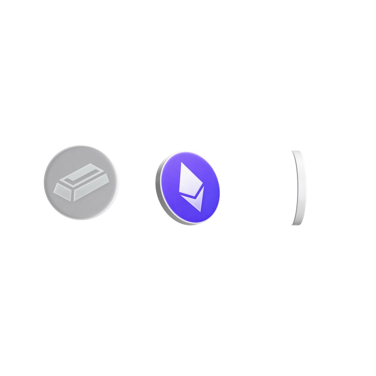 A 3D rendering of two circular tokens or coins—one gray with a white geometric icon, the other purple with the Ethereum logo—shown from front and side angles.