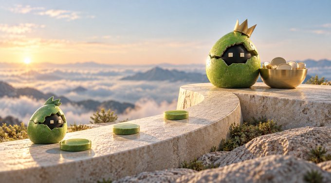 A surreal landscape with two green, cracked melon-like creatures featuring pixelated black faces and crowns, surrounded by small green disc objects on a stone staircase above a sea of clouds at sunset.