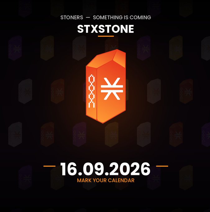 A promotional graphic displays an orange 3D crystal with symbols, under the text 'STXSTONE', 'STONERS — SOMETHING IS COMING', and the date '16.09.2026' with 'MARK YOUR CALENDAR'.
